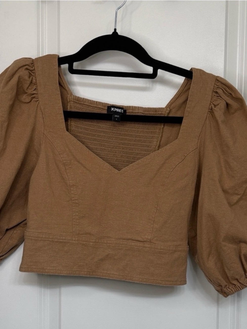Express Camel Puff-Sleeve Square Neck Crop Top